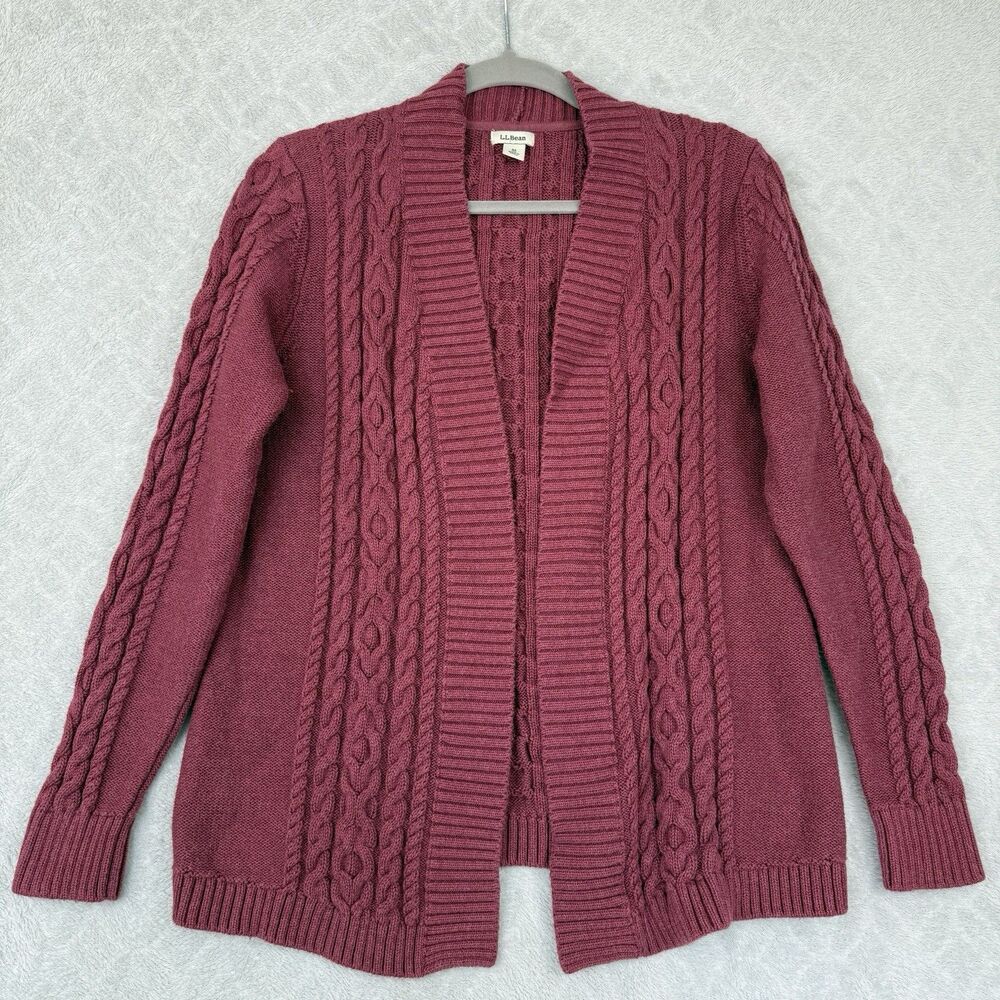 LL Bean Cable Knit Cardigan Sweater Women M Pink Open Grandma Fisherman Cottage